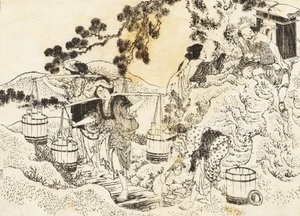 Cuatro mujeres trabajando muy duro y llevando cubas de agua de Katsushika Hokusai